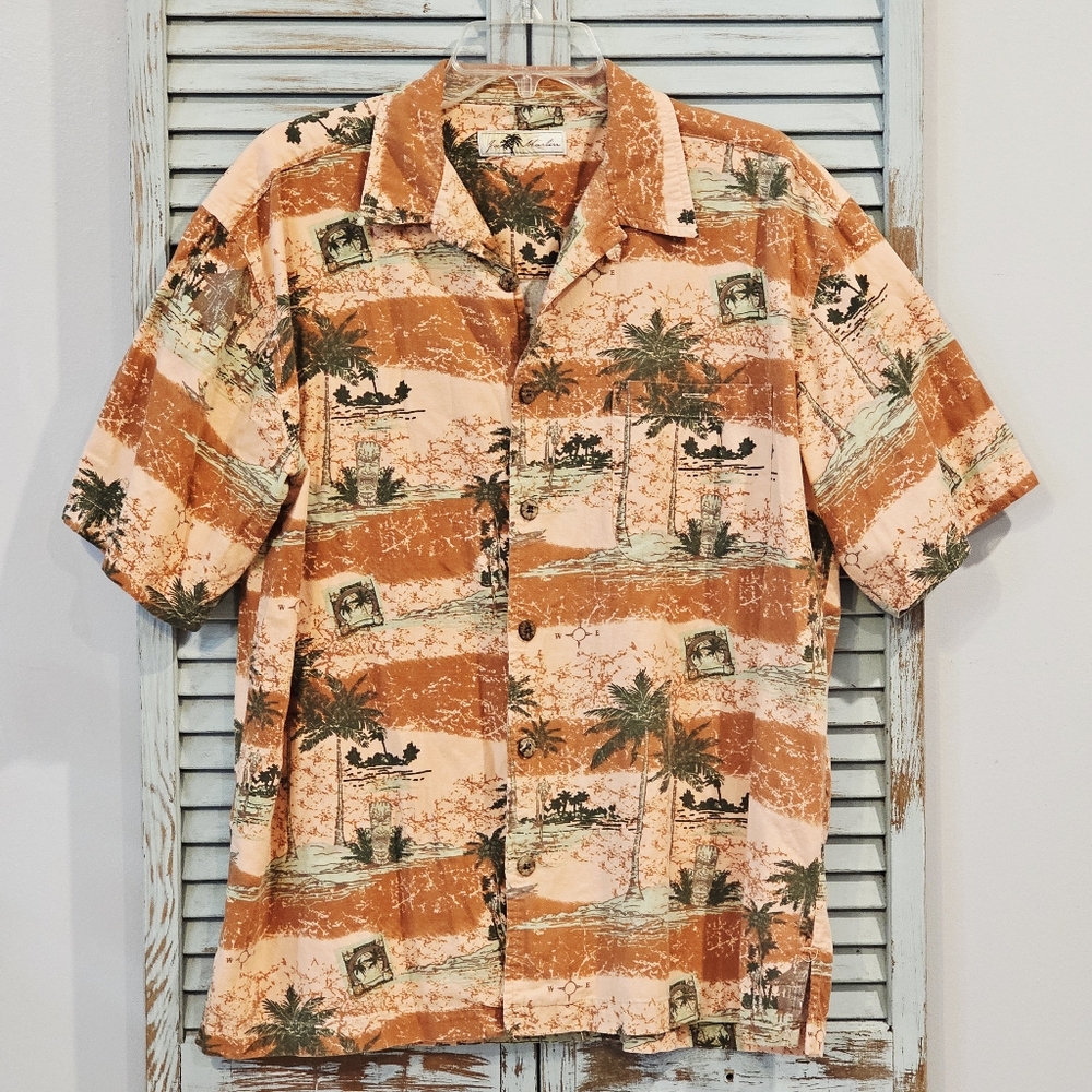 JOE MARLIN CASUAL HAWAIIAN BUTTON UP SHIRT Mens Orange Tropical Vacay Travel Top